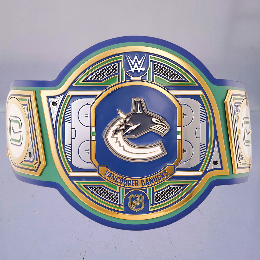 Vancouver Canucks WWE NHL Belt featuring the team's logo and colors.