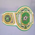 Close-up of the Dallas Stars WWE Championship Belt, showcasing green and silver accents.