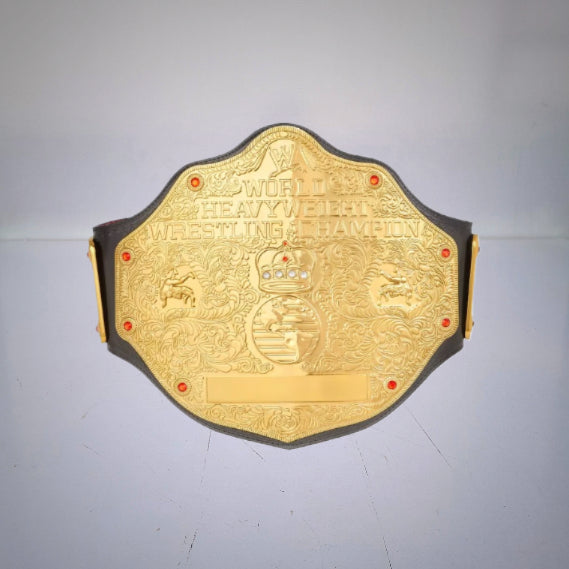 WWE World Heavyweight Championship Belt 2002 with gold-plated details, a crown, and a globe, known as the Big Gold Belt.