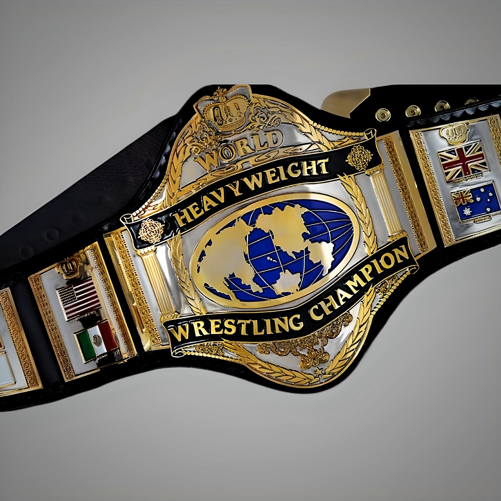 the WWF logo on Hulk Hogan’s 1985 championship belt white strap edition.