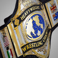 Angled full view of the Hulk Hogan 1985 WWF white strap title belt with championship detailing and classic design.