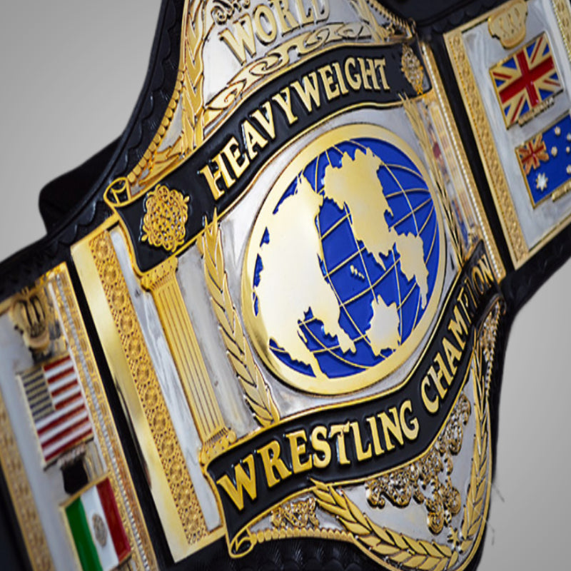 Angled full view of the Hulk Hogan 1985 WWF white strap title belt with championship detailing and classic design.
