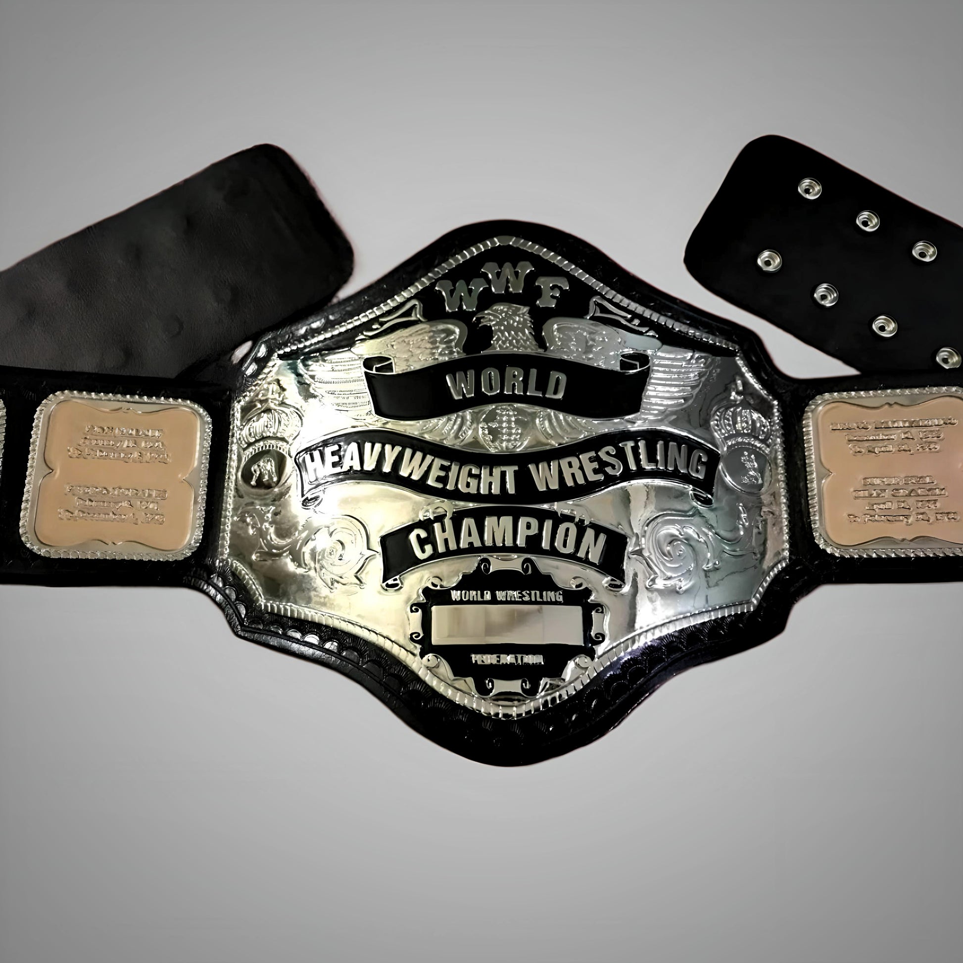 1985 Hulk Hogan WWF Belt, emphasizing the plate’s shine and nickel strap finish.